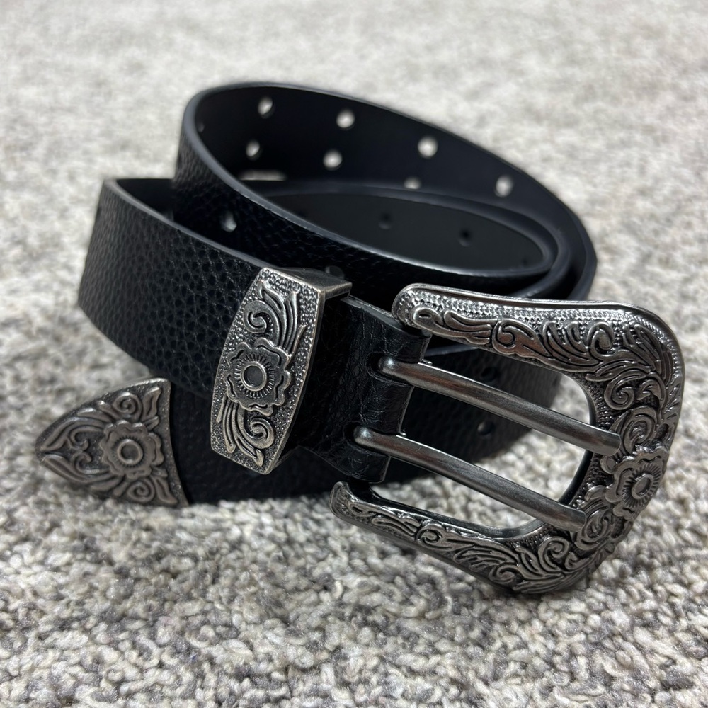 Black Western Belt with Ornate Silver Buckle